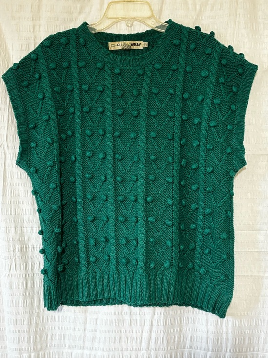 Vintage Sweaters - Vintage Emerald Green Pom Pom Sweater Sleeveless Silk Knit Sz 2X